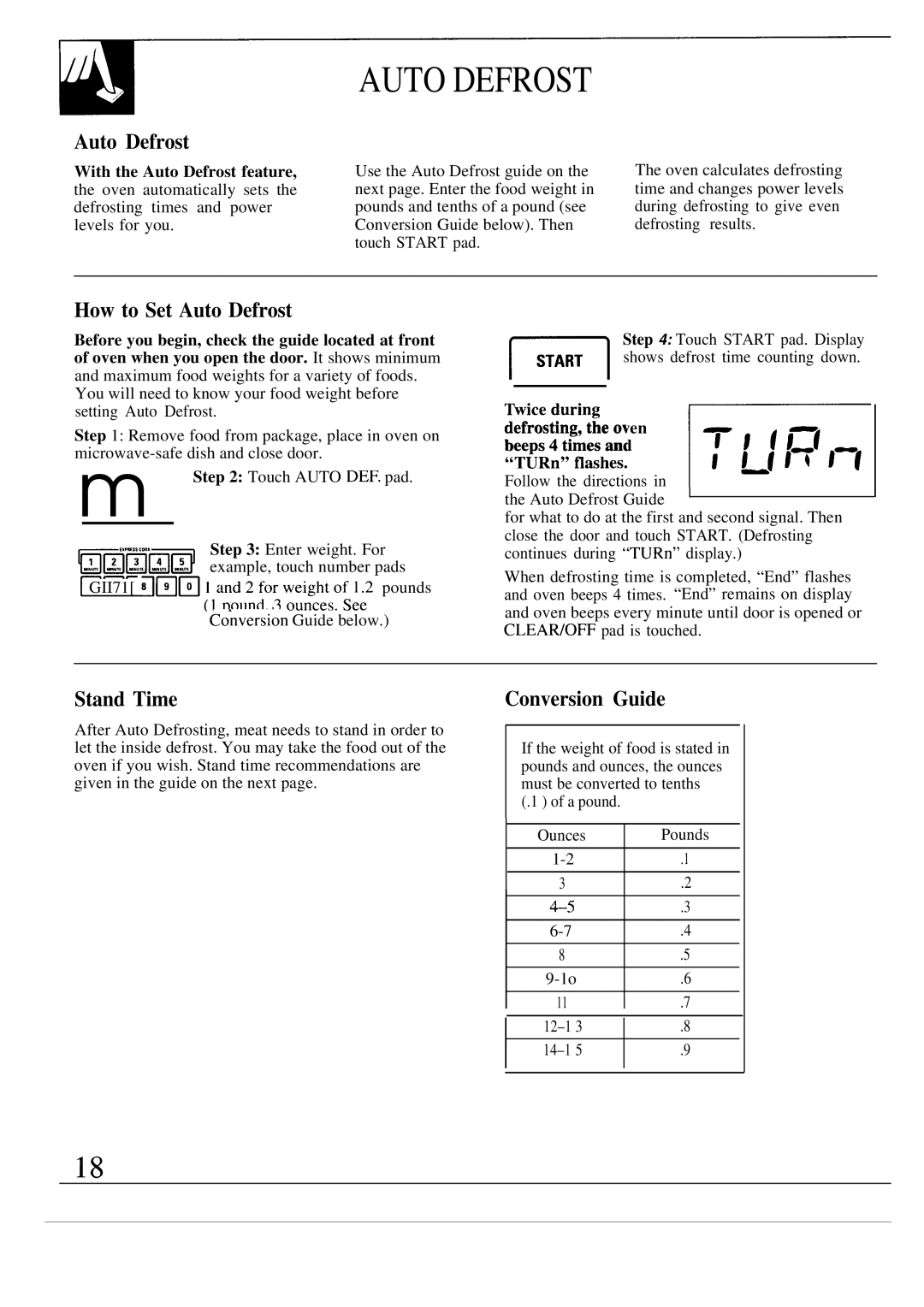 GE JE1468L operating instructions How to Set Auto Defrost, Stand Time, Conversion Guide 