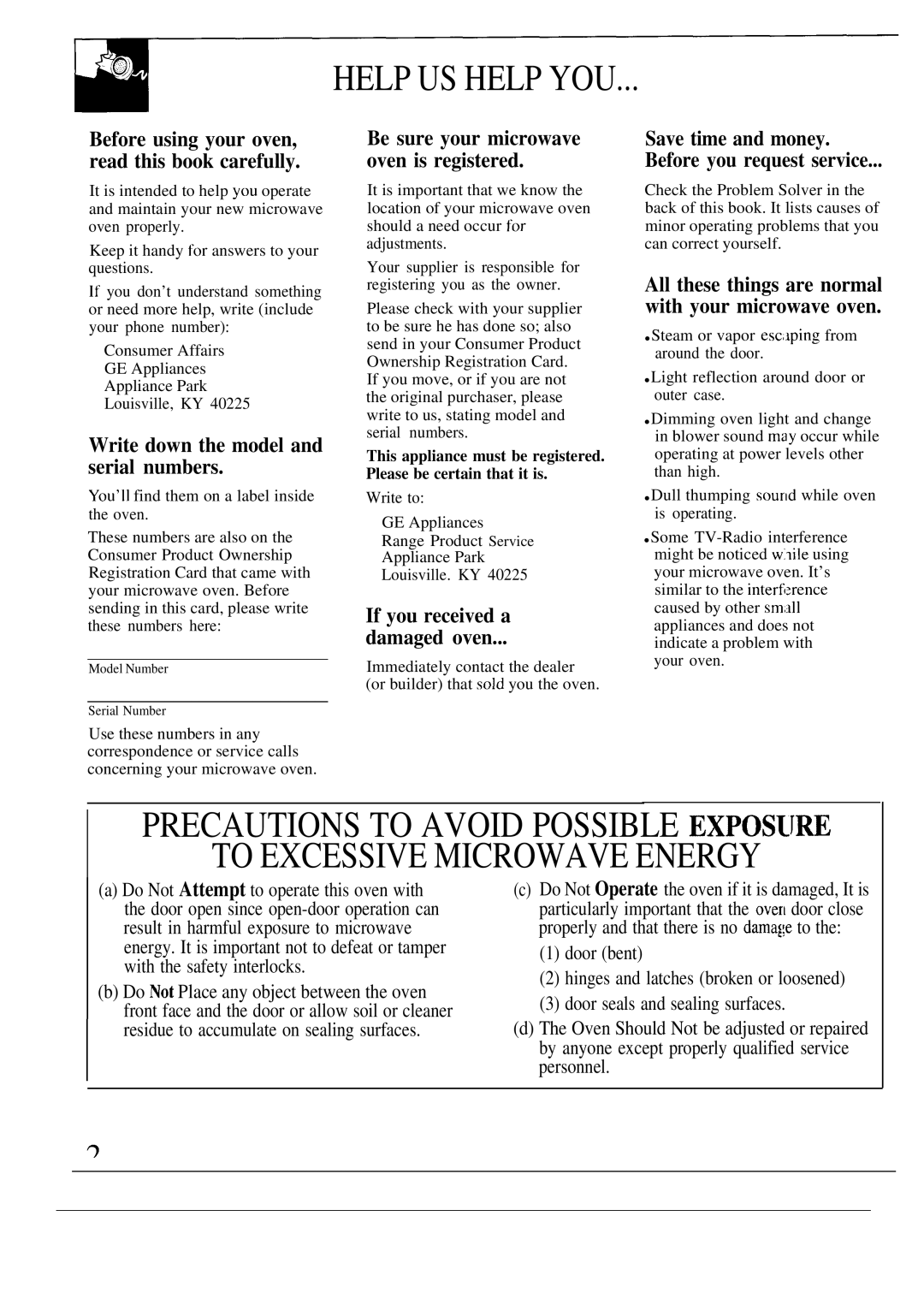 GE JE1468L operating instructions Help US Help YOU, To Excessive Microwave Energy, Write down the model and serial numbers 