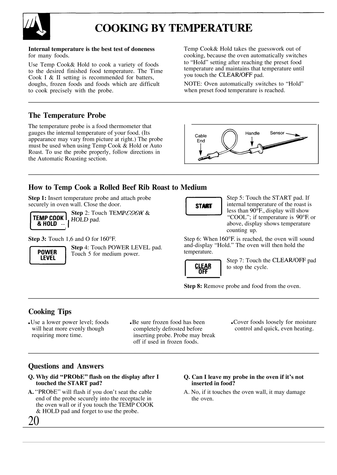 GE JE1468L operating instructions Temperature Probe, How to Temp Cook a Rolled Beef Rib Roast to Medium, Cooking Tips 