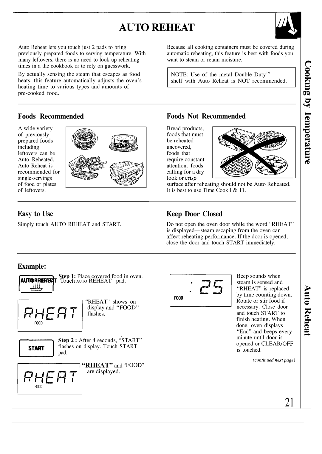 GE JE1468L operating instructions Foods Recommended, Foods Not Recommended, Easy to Use, Example 