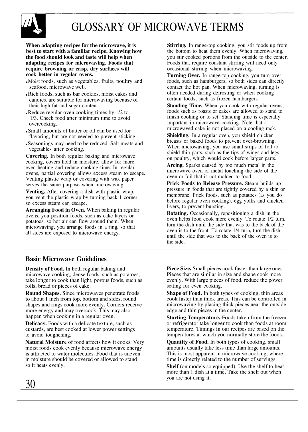 GE JE1468L operating instructions Glossary of Microwave Terms, Basic Microwave Guidelines 