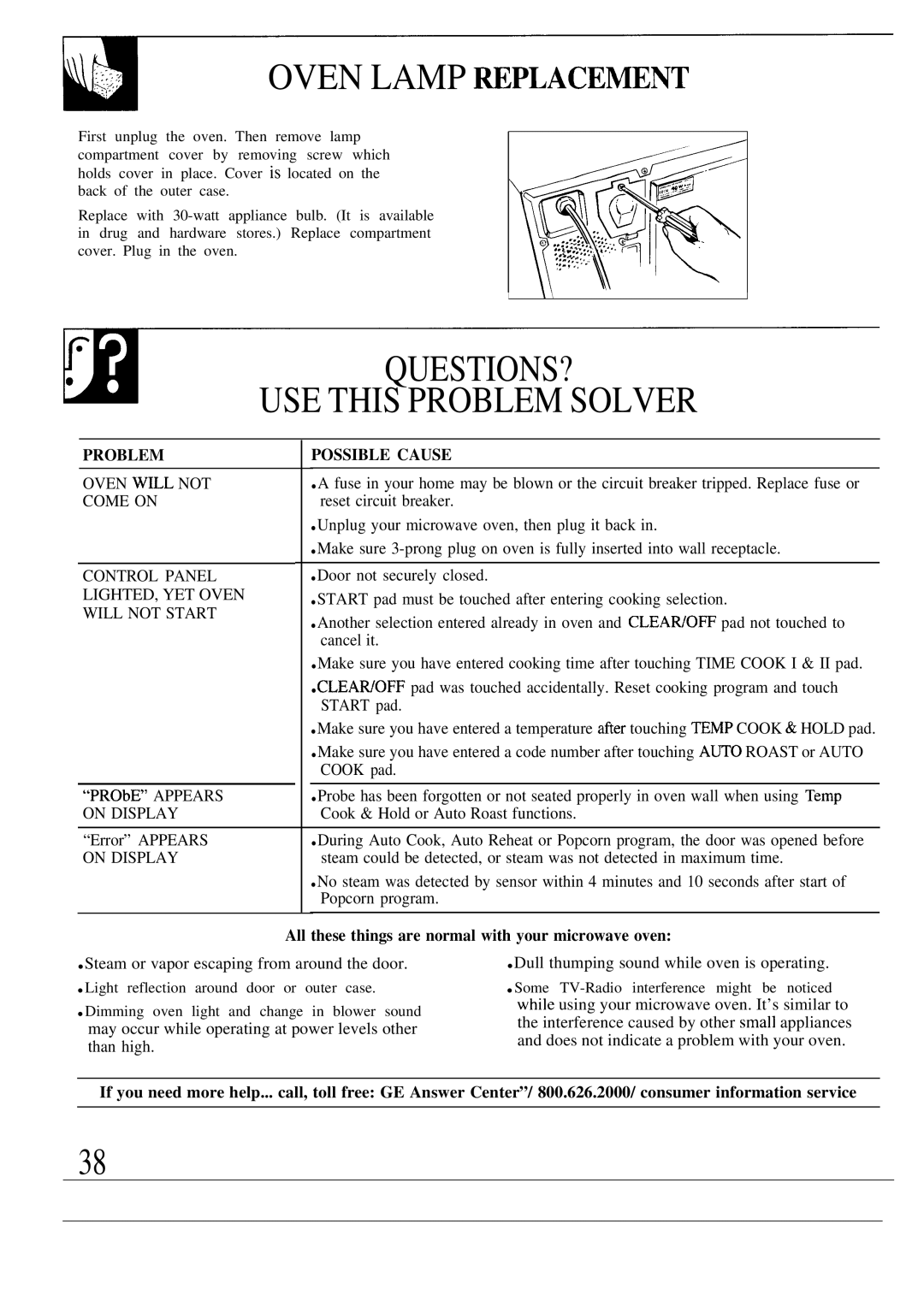 GE JE1468L operating instructions Oven Lamp ~PLACEMENT, USE this Problem Solver 