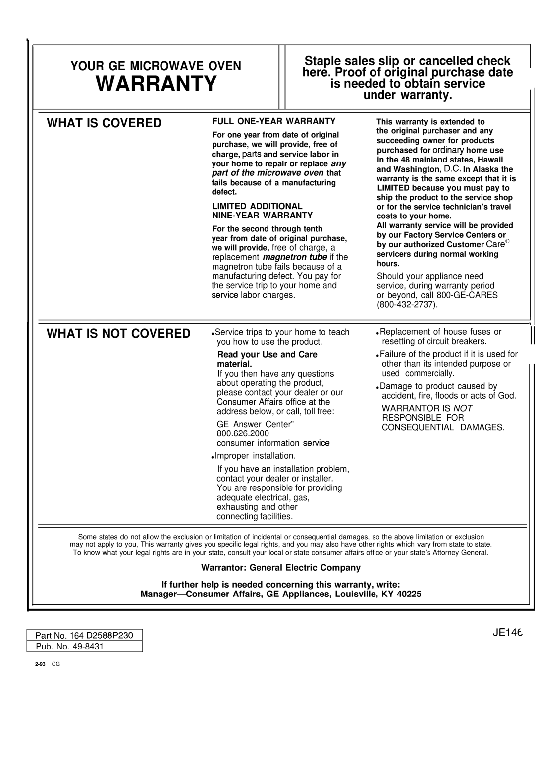 GE JE1468L operating instructions Warranty 