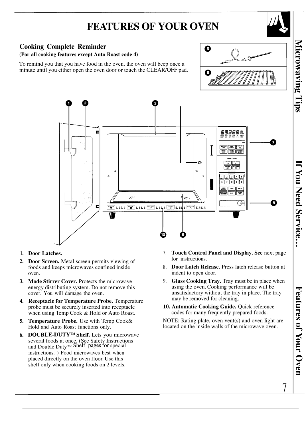 GE JE1468L operating instructions Cooking Complete Reminder, For all cooking features except Auto Roast code, Door Latches 