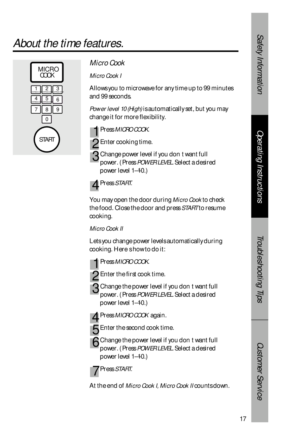 GE je1540 owner manual About the time features, Safety, Micro Cook 