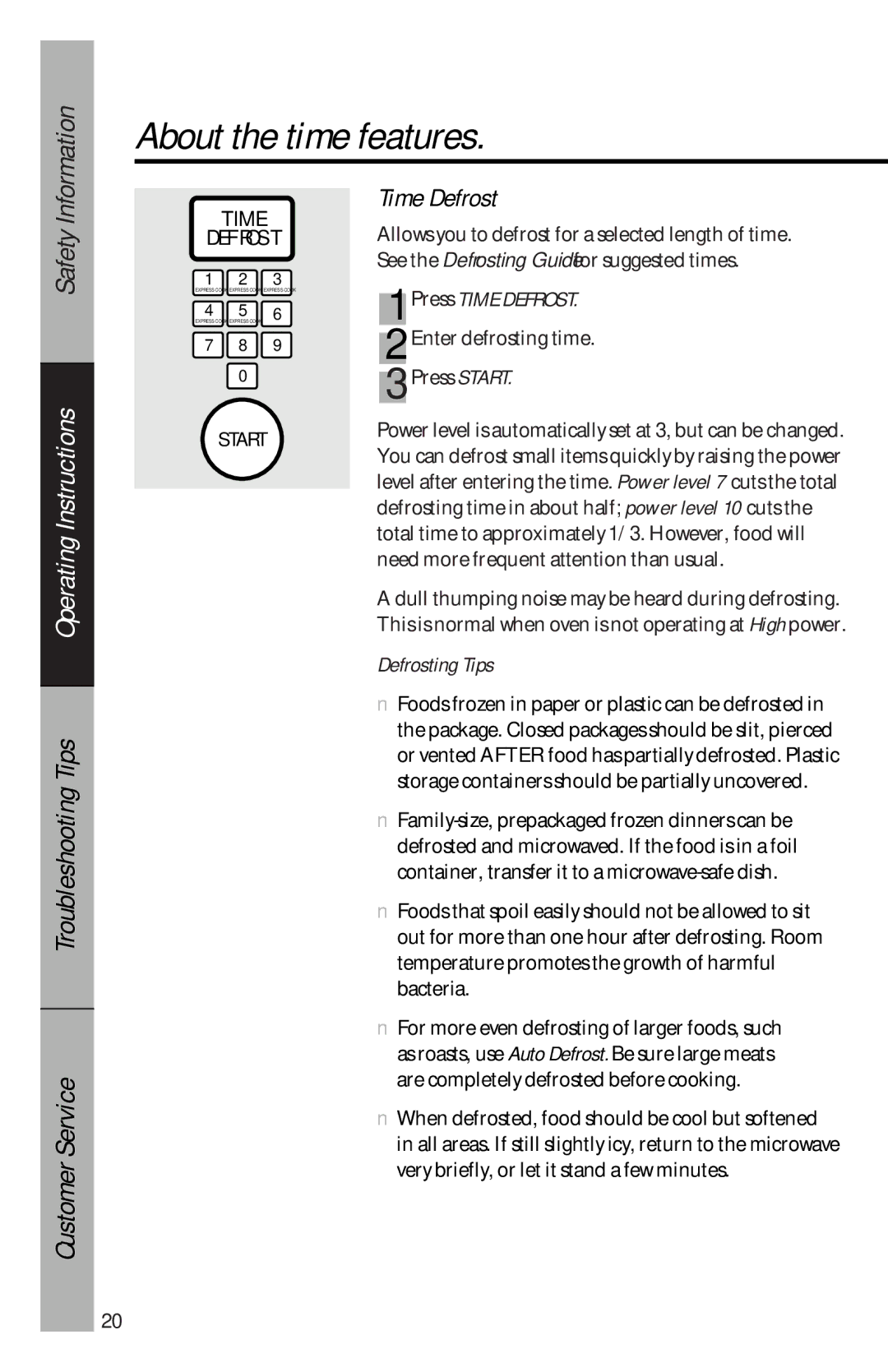 GE je1540 owner manual Press Time Defrost, Defrosting Tips 