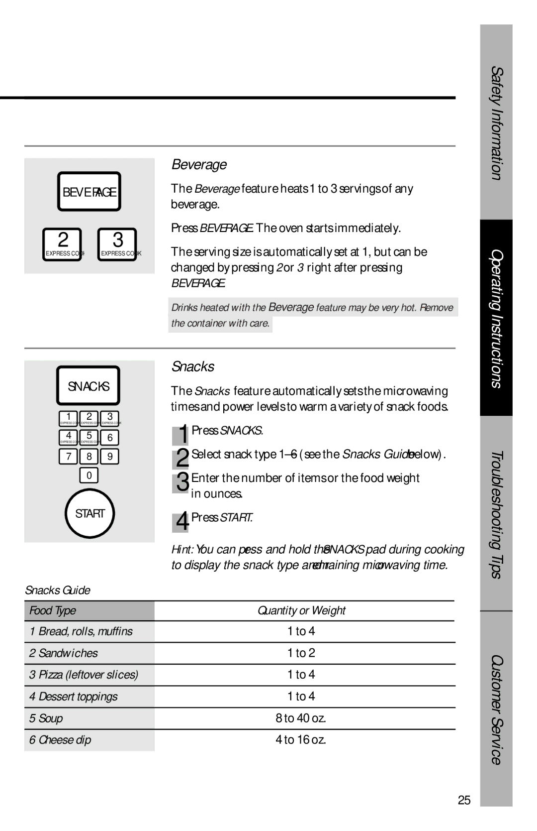 GE je1540 owner manual Beverage, Snacks 