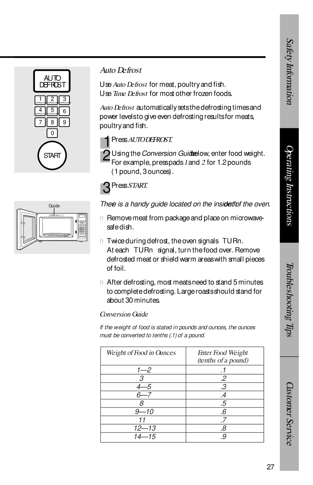 GE je1540 owner manual Press Auto Defrost, Conversion Guide, Enter Food Weight 