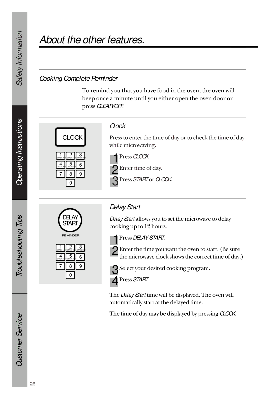 GE je1540 owner manual About the other features, Cooking Complete Reminder, Clock, Delay Start 