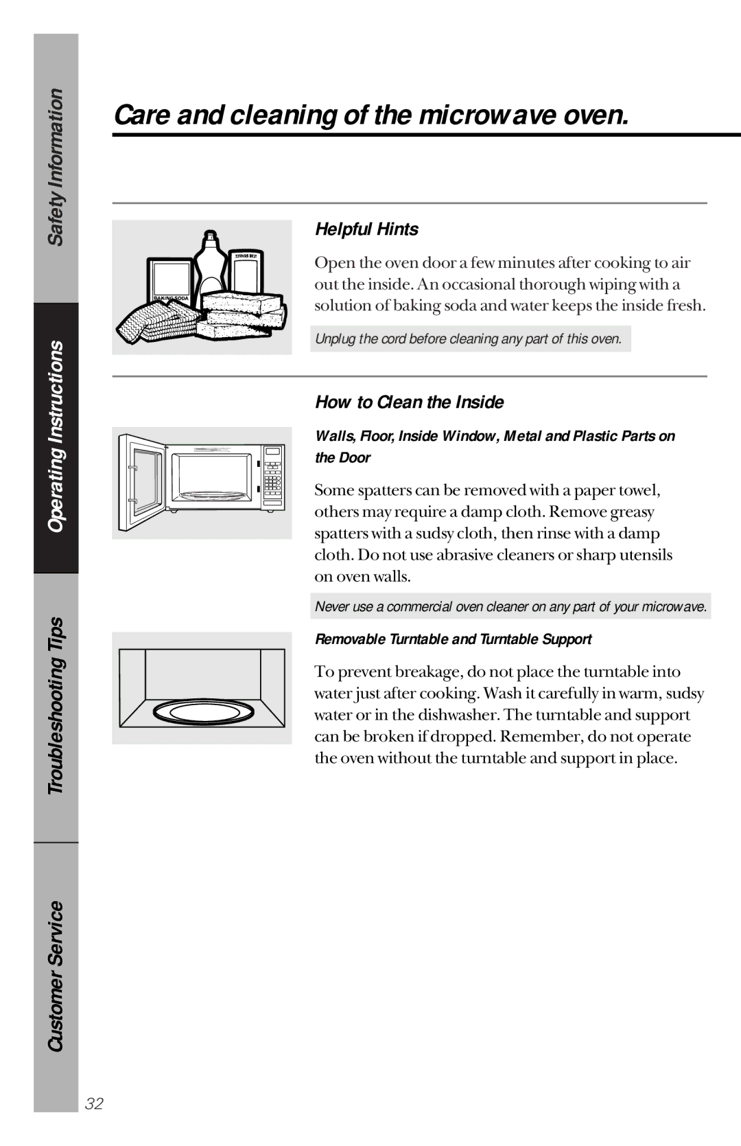 GE je1540 owner manual Helpful Hints, How to Clean the Inside, Unplug the cord before cleaning any part of this oven 