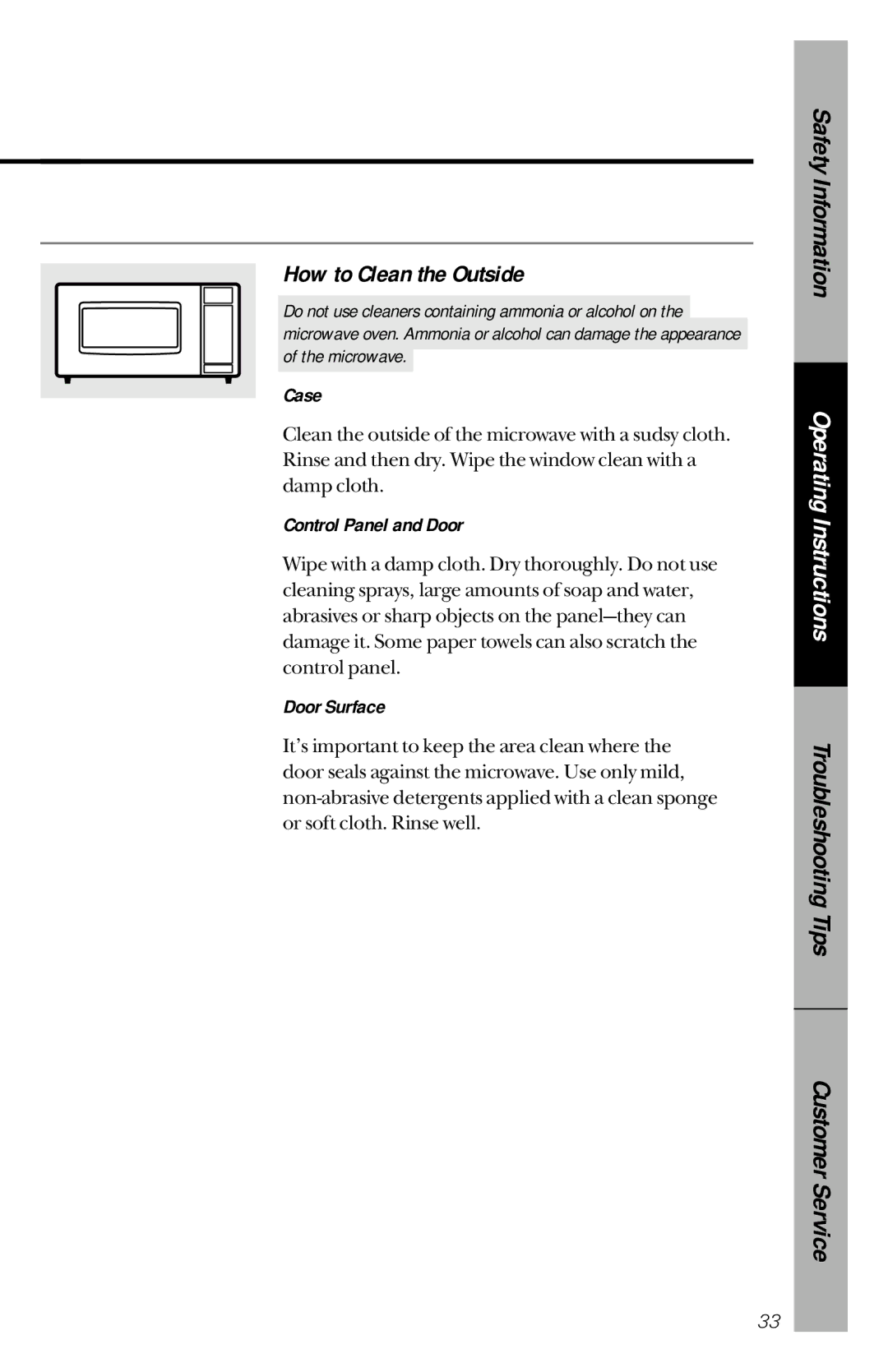 GE je1540 owner manual How to Clean the Outside, Case, Control Panel and Door, Door Surface 