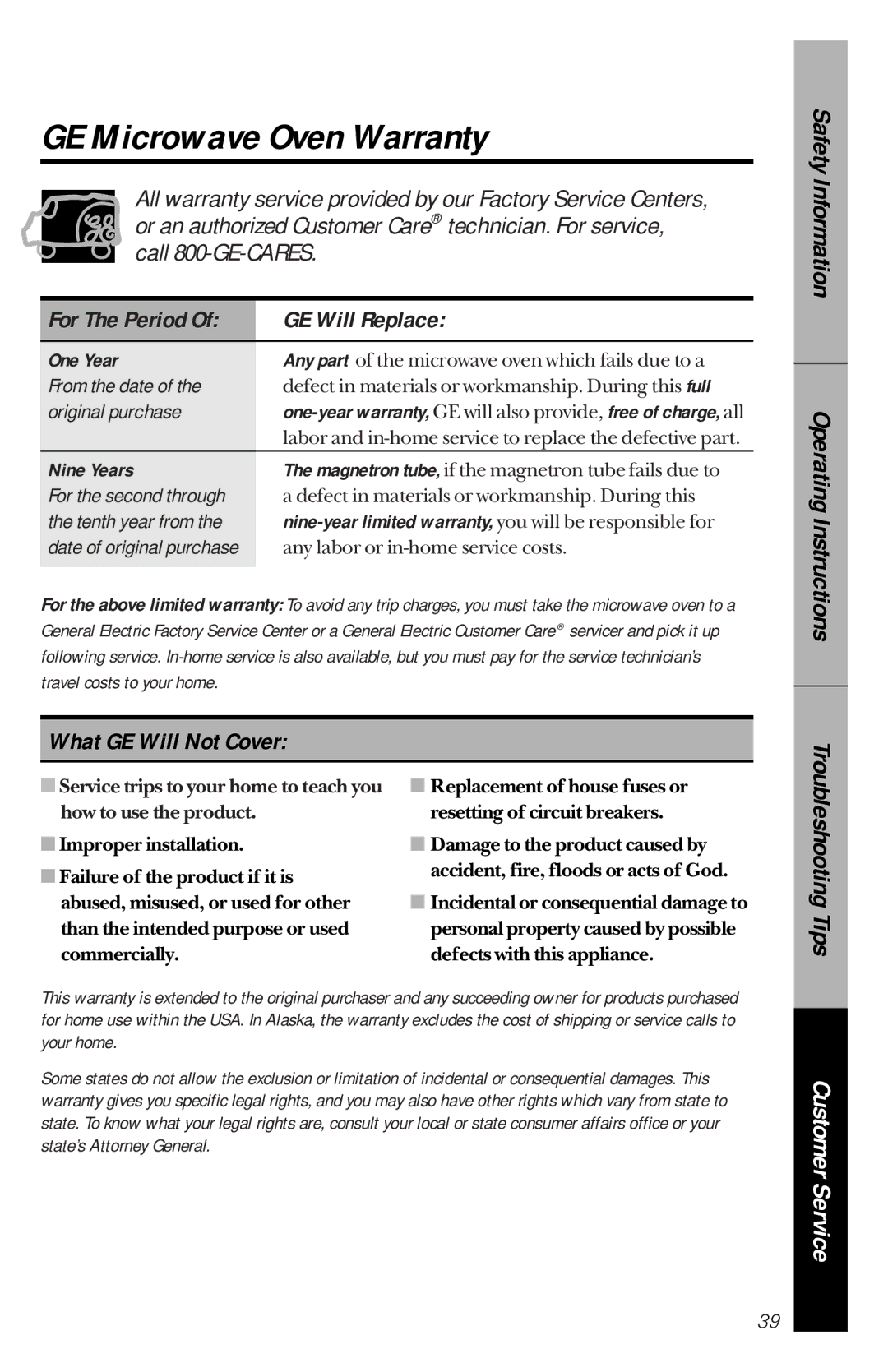 GE je1540 owner manual GE Microwave Oven Warranty, GE Will Replace, What GE Will Not Cover 