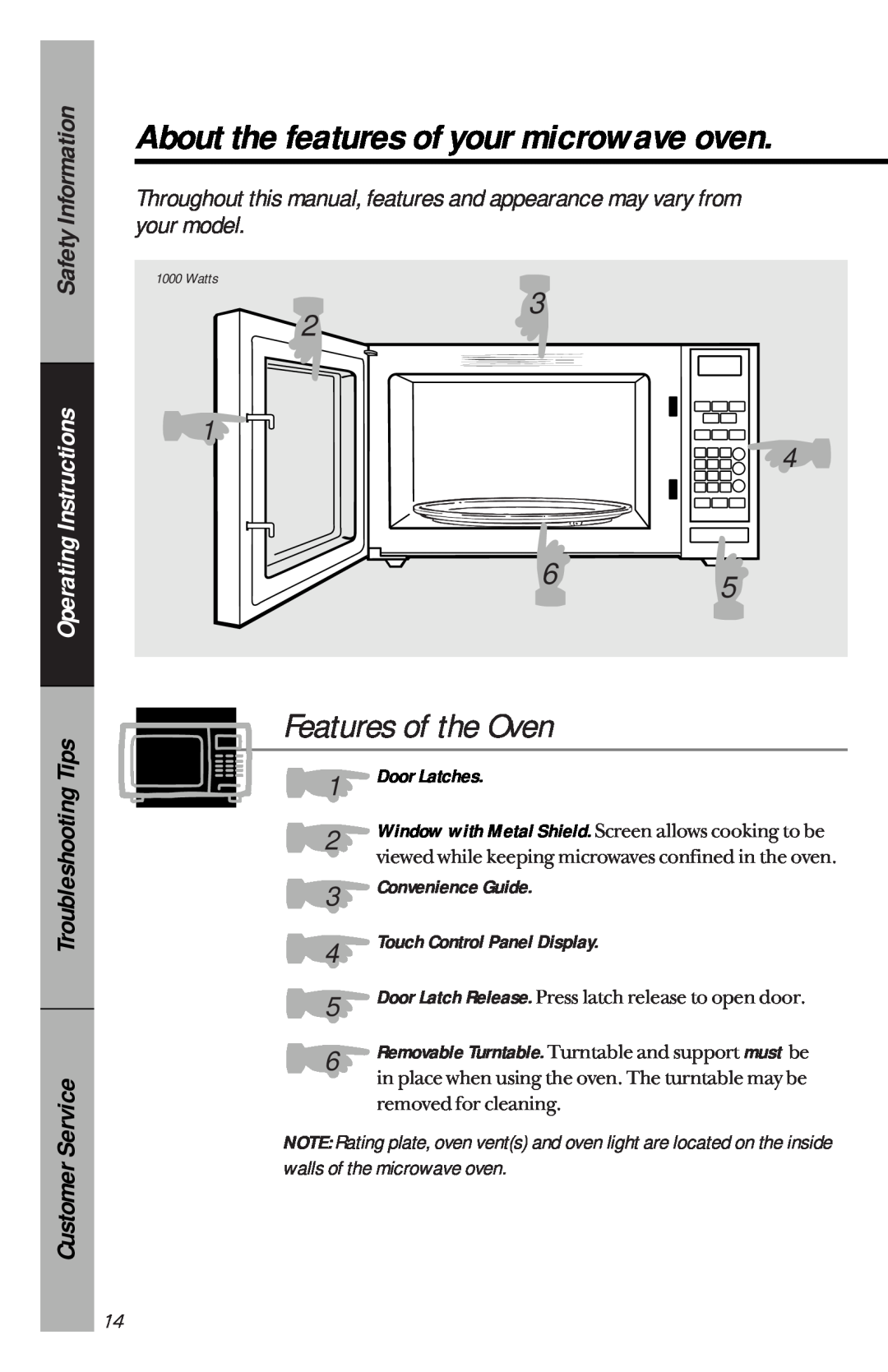 GE je1540 Features of the Oven, Safety Information, Instructions, About the features of your microwave oven, Operating 