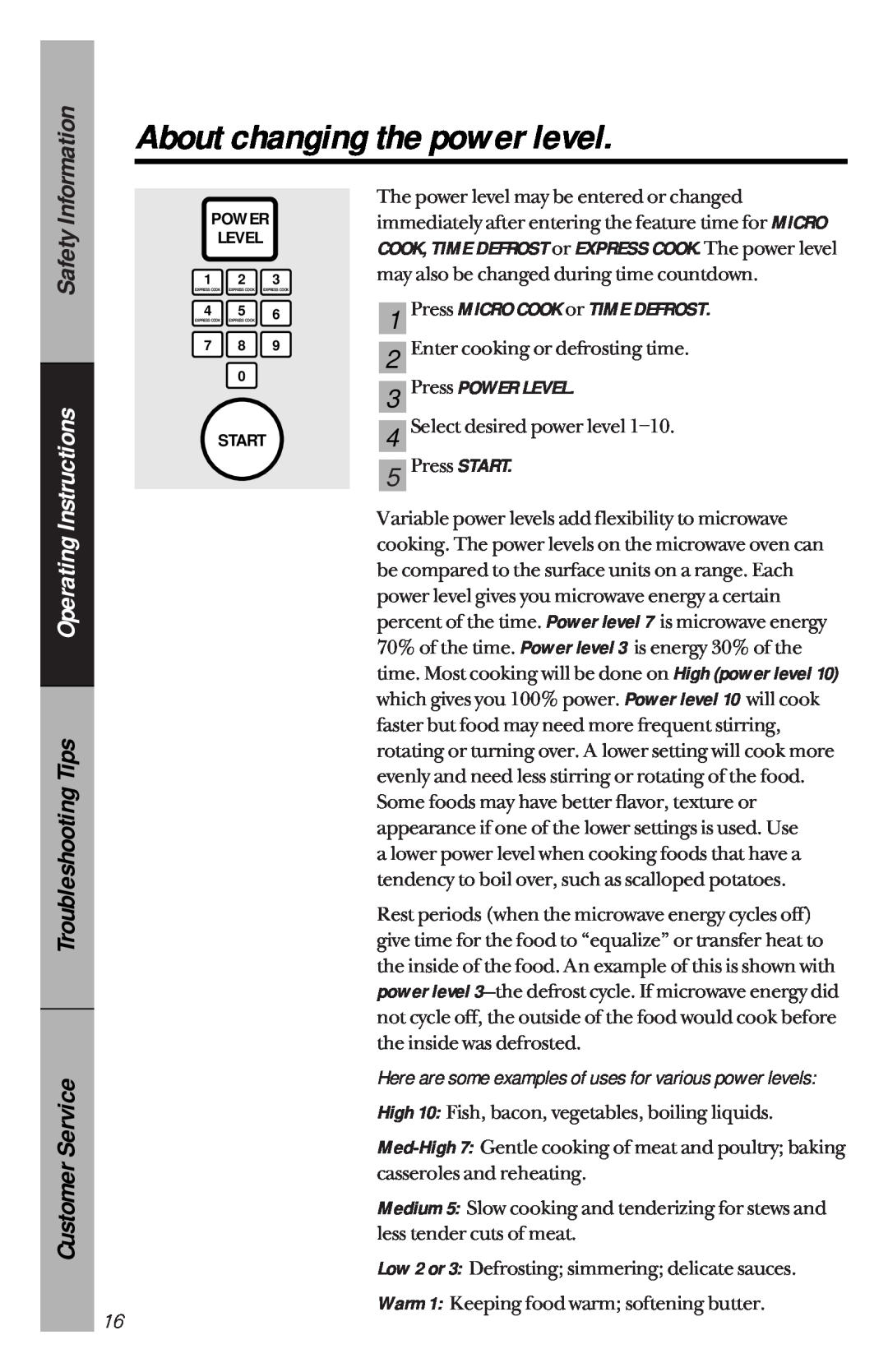 GE je1540 owner manual About changing the power level, Information, Safety, Operating Instructions 