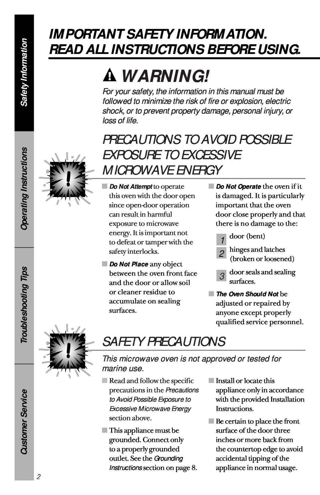 GE je1540 Exposure To Excessive Microwave Energy, Safety Precautions, Precautions To Avoid Possible, Safety Information 