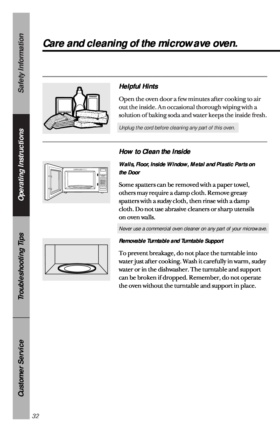 GE je1540 owner manual Helpful Hints, How to Clean the Inside, Care and cleaning of the microwave oven, Safety Information 