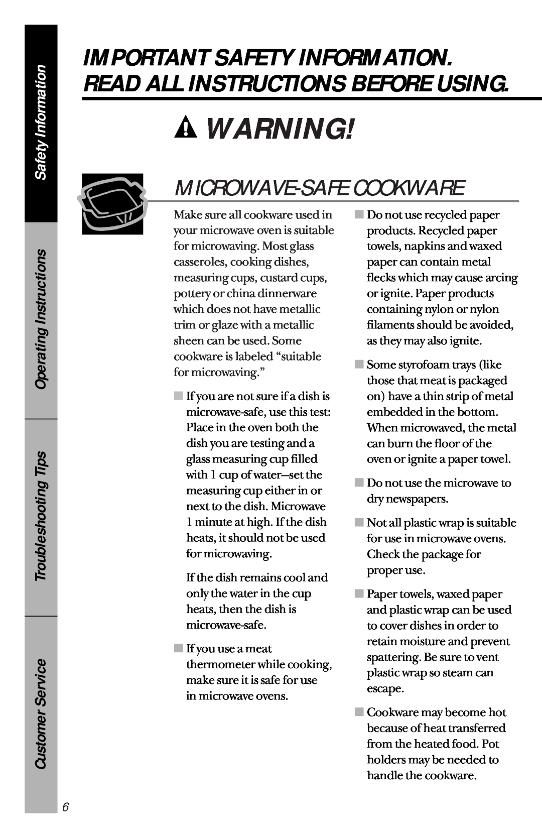 GE je1540 Microwave-Safecookware, Safety Information, Operating Instructions Troubleshooting Tips, Customer Service 