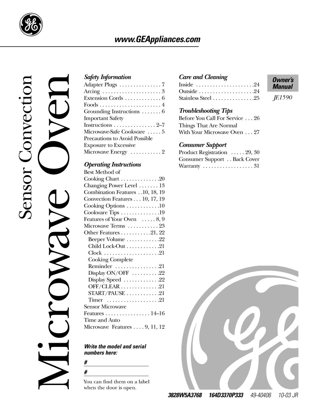 GE JE1590 owner manual 3828W5A3768 164D3370P333 49-4040610-03 JR, Write the model and serial numbers here, Manual, Owner’s 