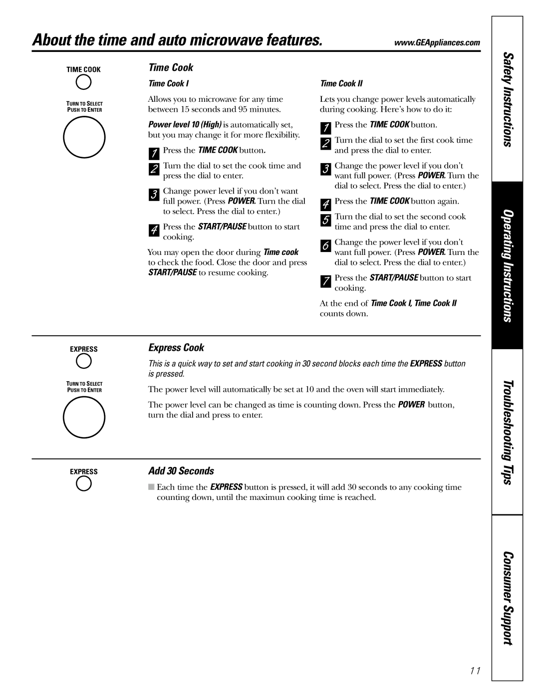 GE JE1590 owner manual About the time and auto microwave features, Time Cook, Express Cook, Add 30 Seconds 