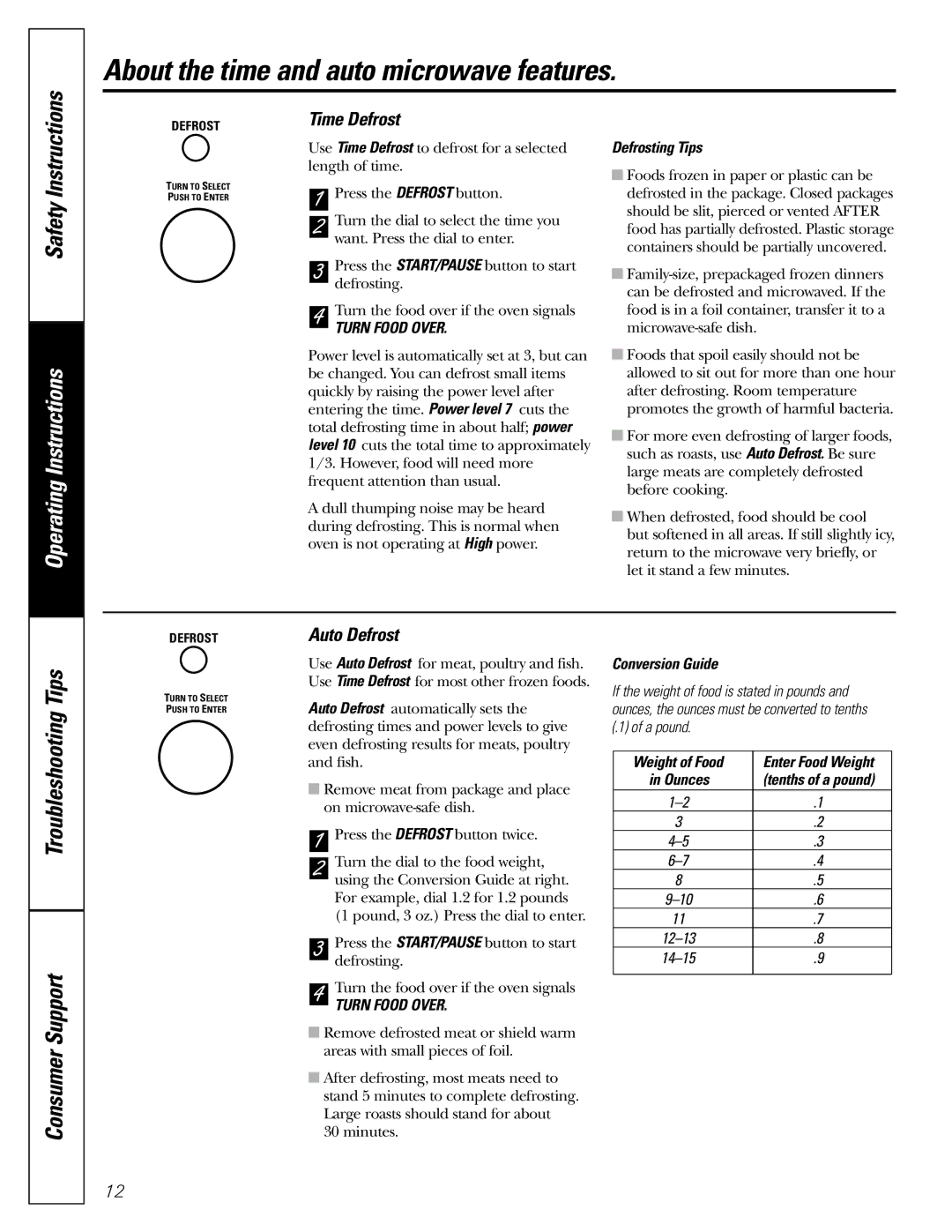 GE JE1590 owner manual Time Defrost, Auto Defrost, Defrosting Tips, Conversion Guide, Weight of Food 