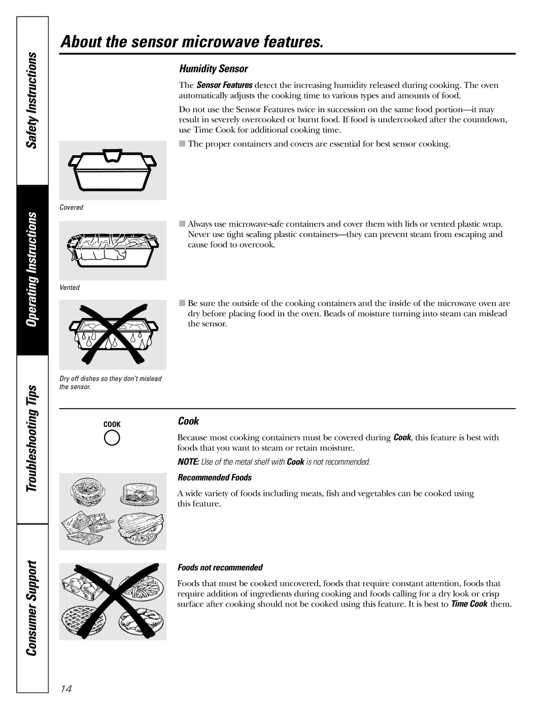 GE JE1590 owner manual About the sensor microwave features, Humidity Sensor, Recommended Foods, Foods not recommended 