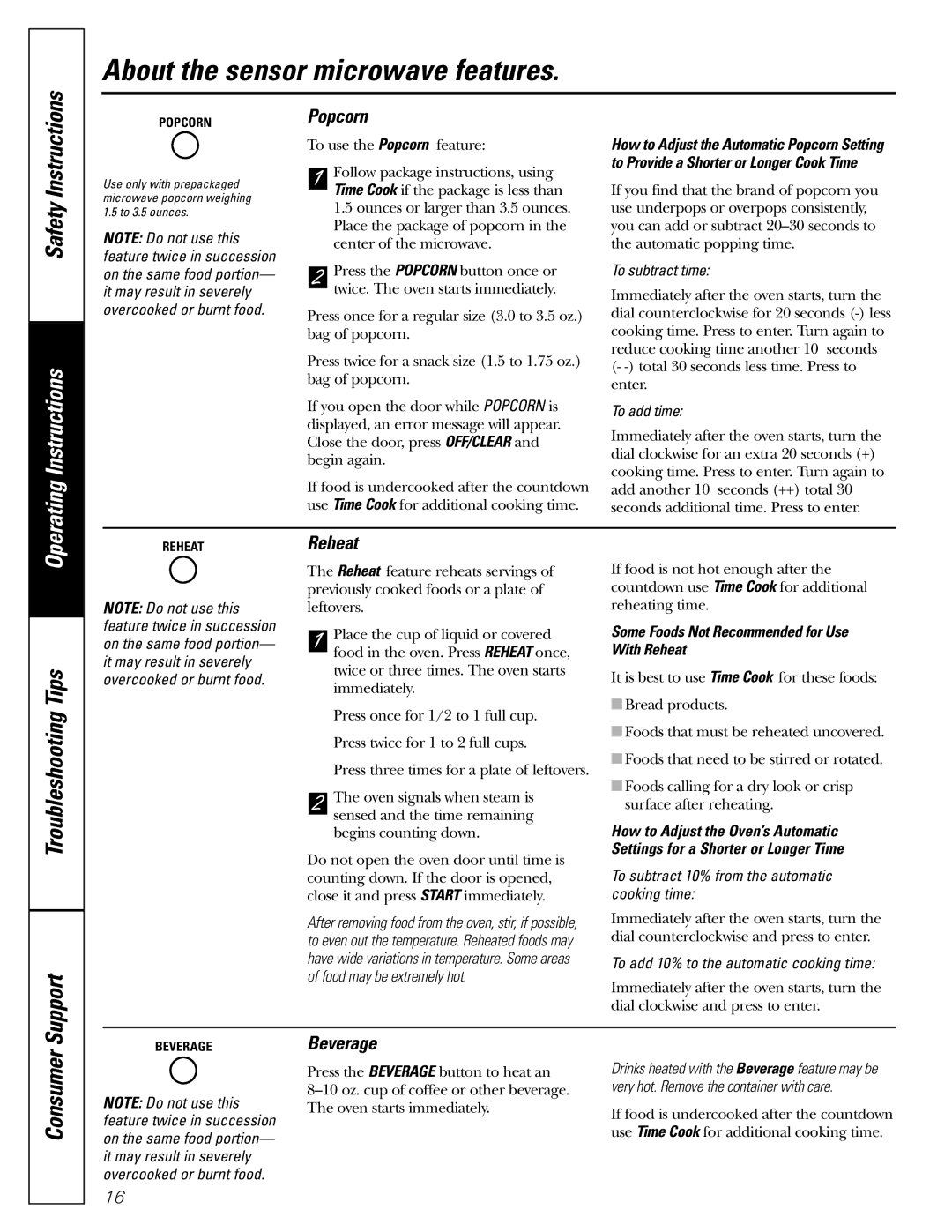 GE JE1590 owner manual Popcorn, Beverage, Some Foods Not Recommended for Use With Reheat 