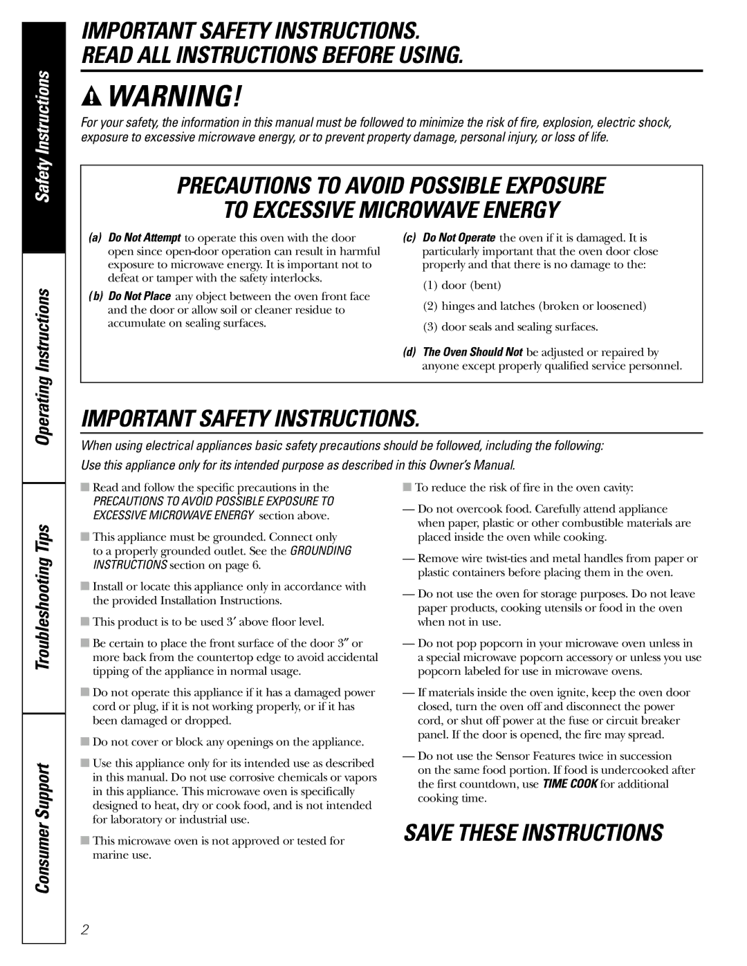 GE JE1590 owner manual Important Safety Instructions 