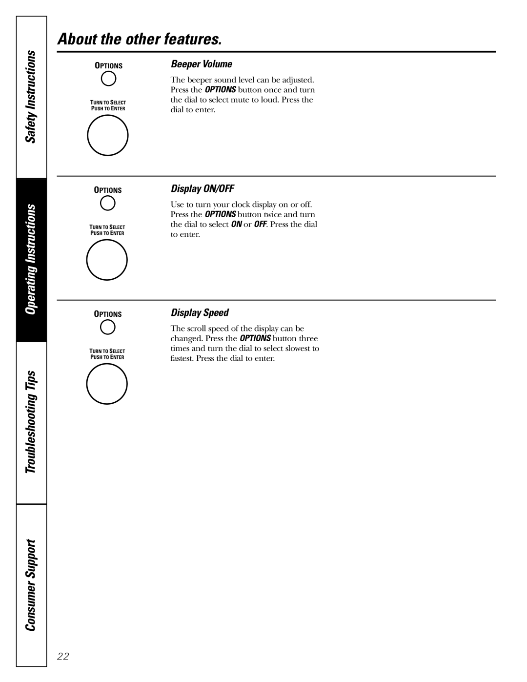 GE JE1590 owner manual Beeper Volume, Display ON/OFF, Display Speed 