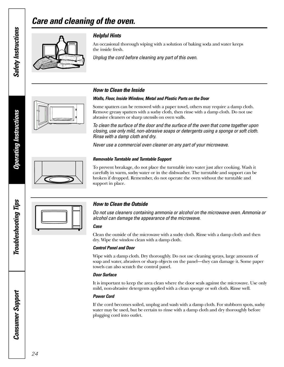 GE JE1590 owner manual Care and cleaning of the oven, Helpful Hints, How to Clean the Inside, How to Clean the Outside 