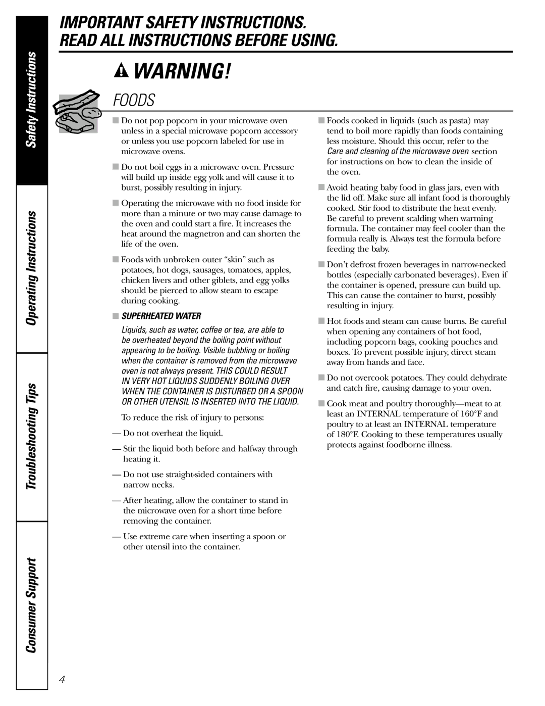 GE JE1590 owner manual Foods, Superheated Water 