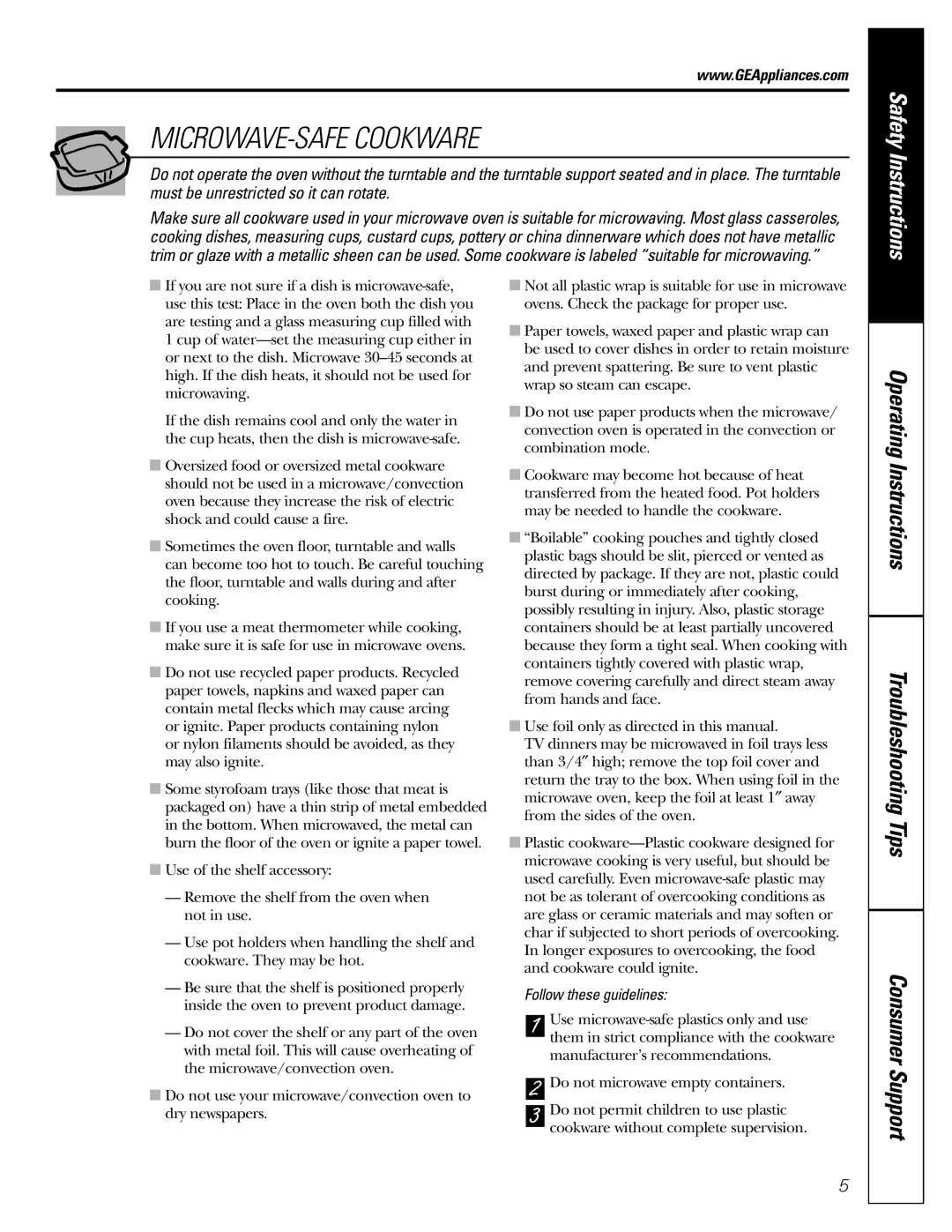 GE JE1590 owner manual MICROWAVE-SAFE Cookware, Follow these guidelines 