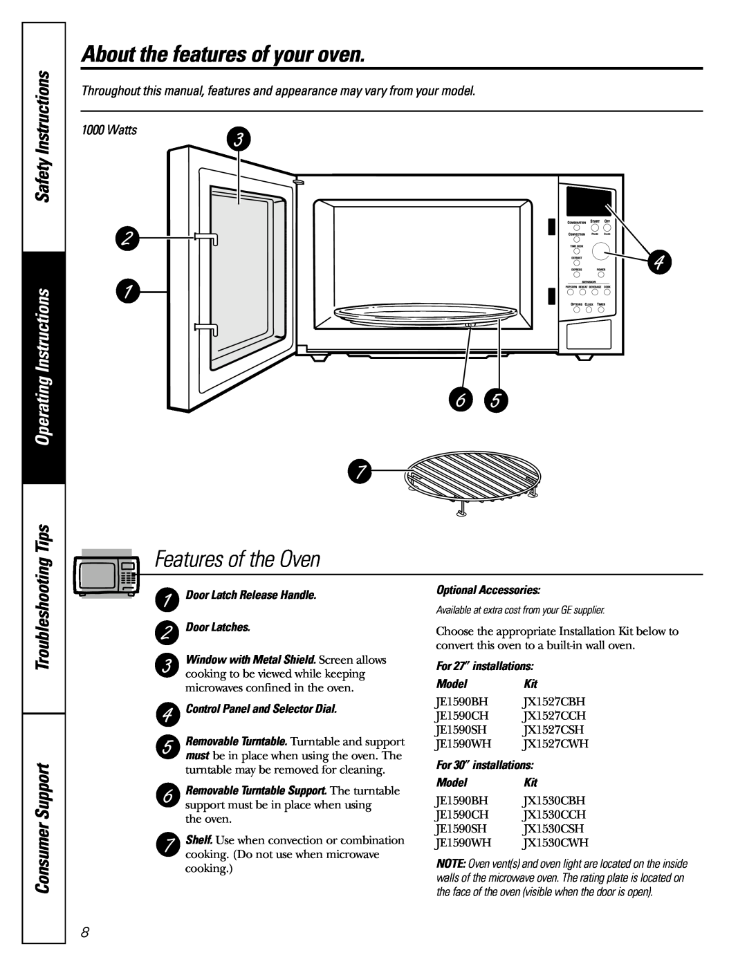 GE JE1590 About the features of your oven, Features of the Oven, Safety Instructions, Operating Instructions, Door Latches 