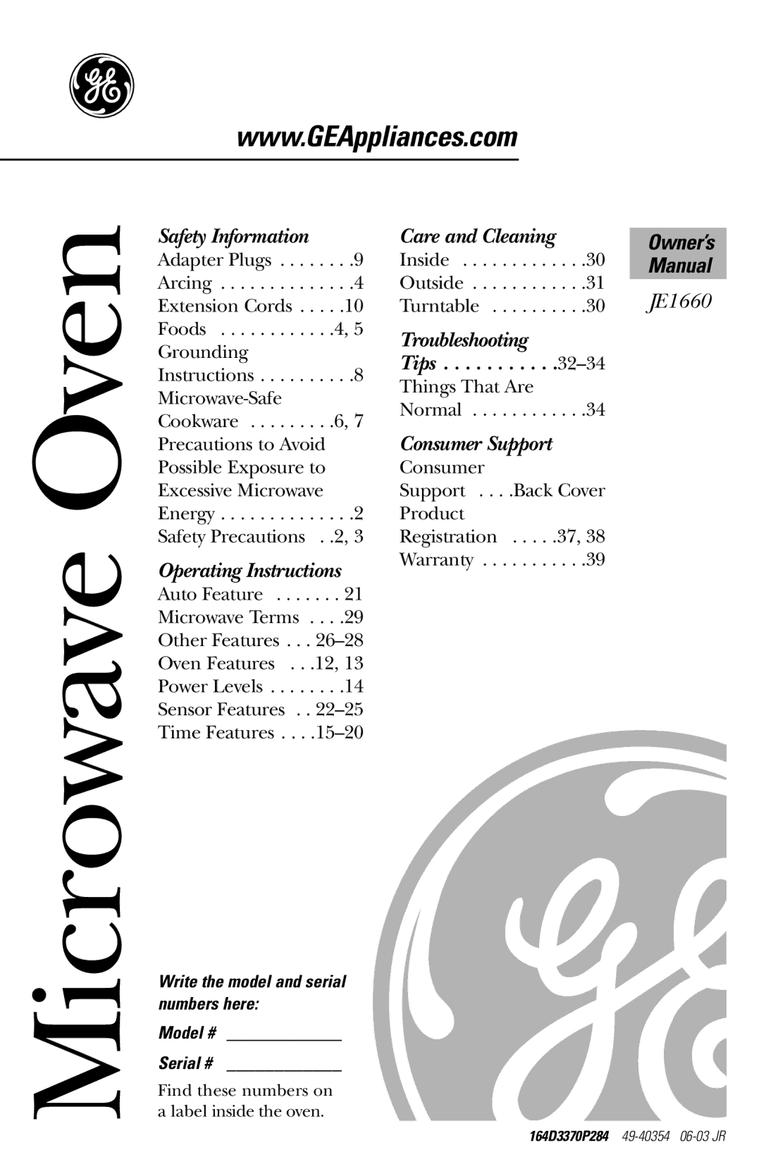 GE JE1660WB owner manual Microwave Oven, Write the model and serial numbers here 