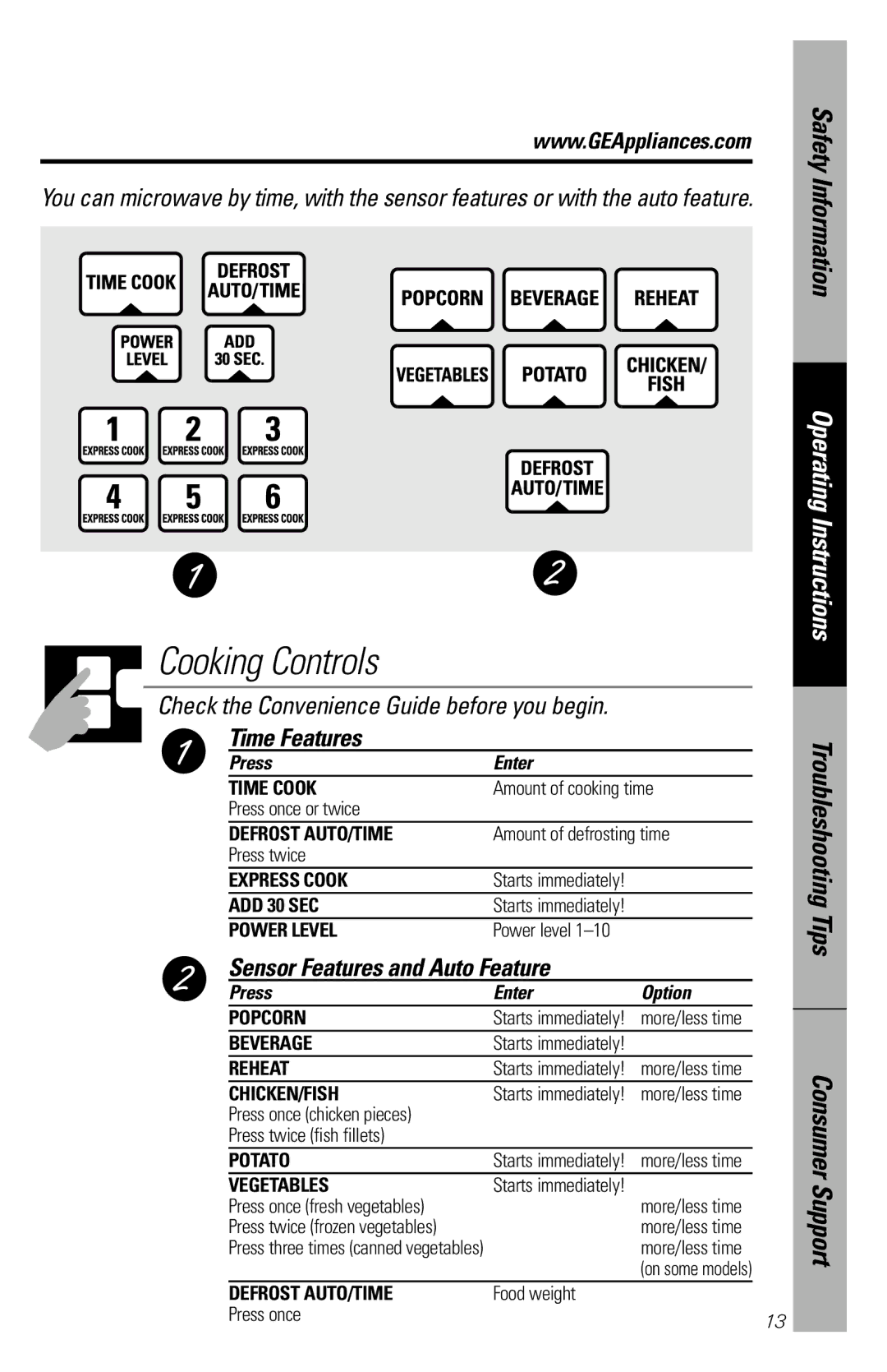 GE JE1660WB owner manual Time Features, Sensor Features and Auto Feature, Press Enter Option 