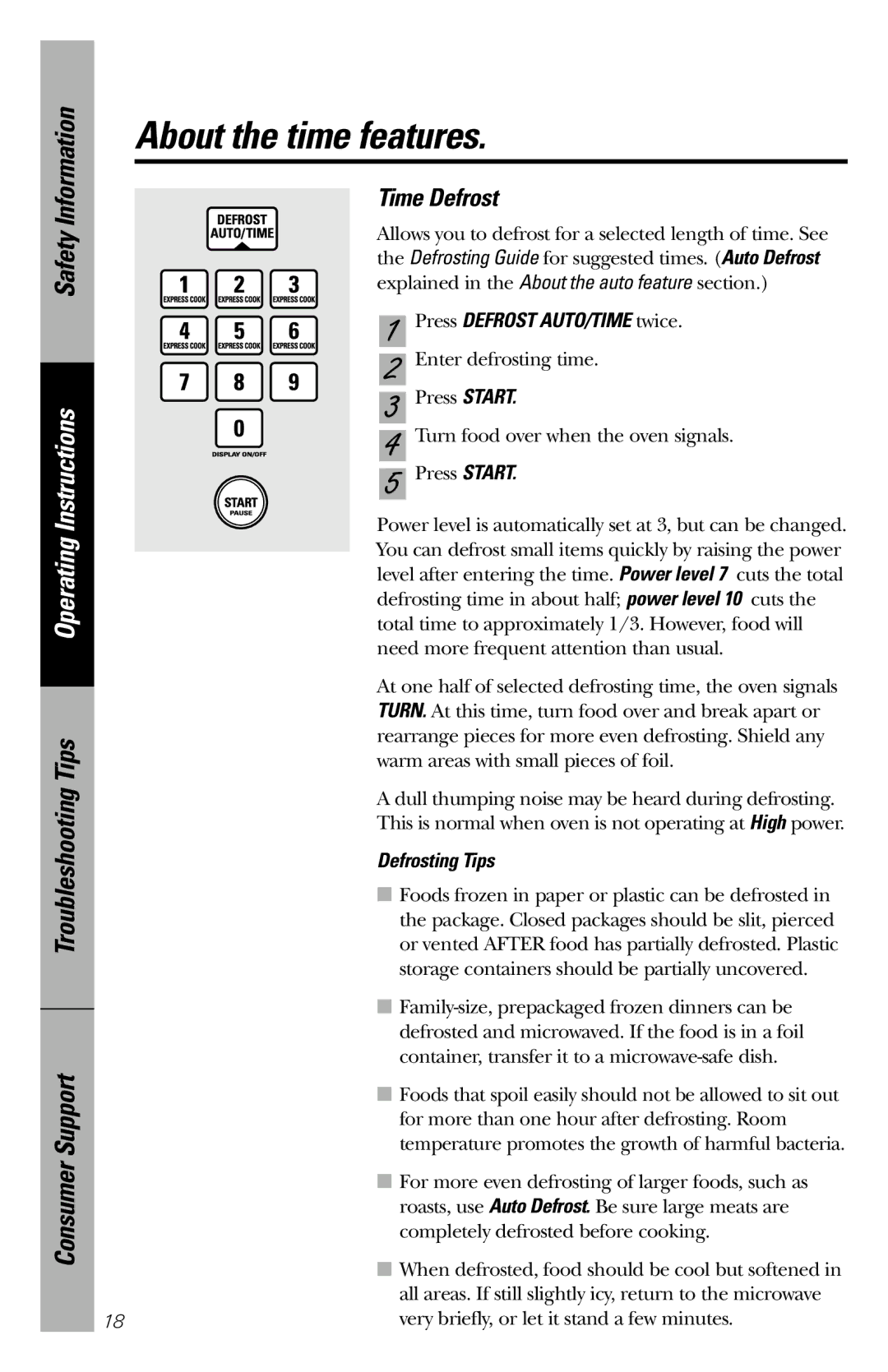 GE JE1660WB owner manual Time Defrost, Press Defrost AUTO/TIME twice, Defrosting Tips 