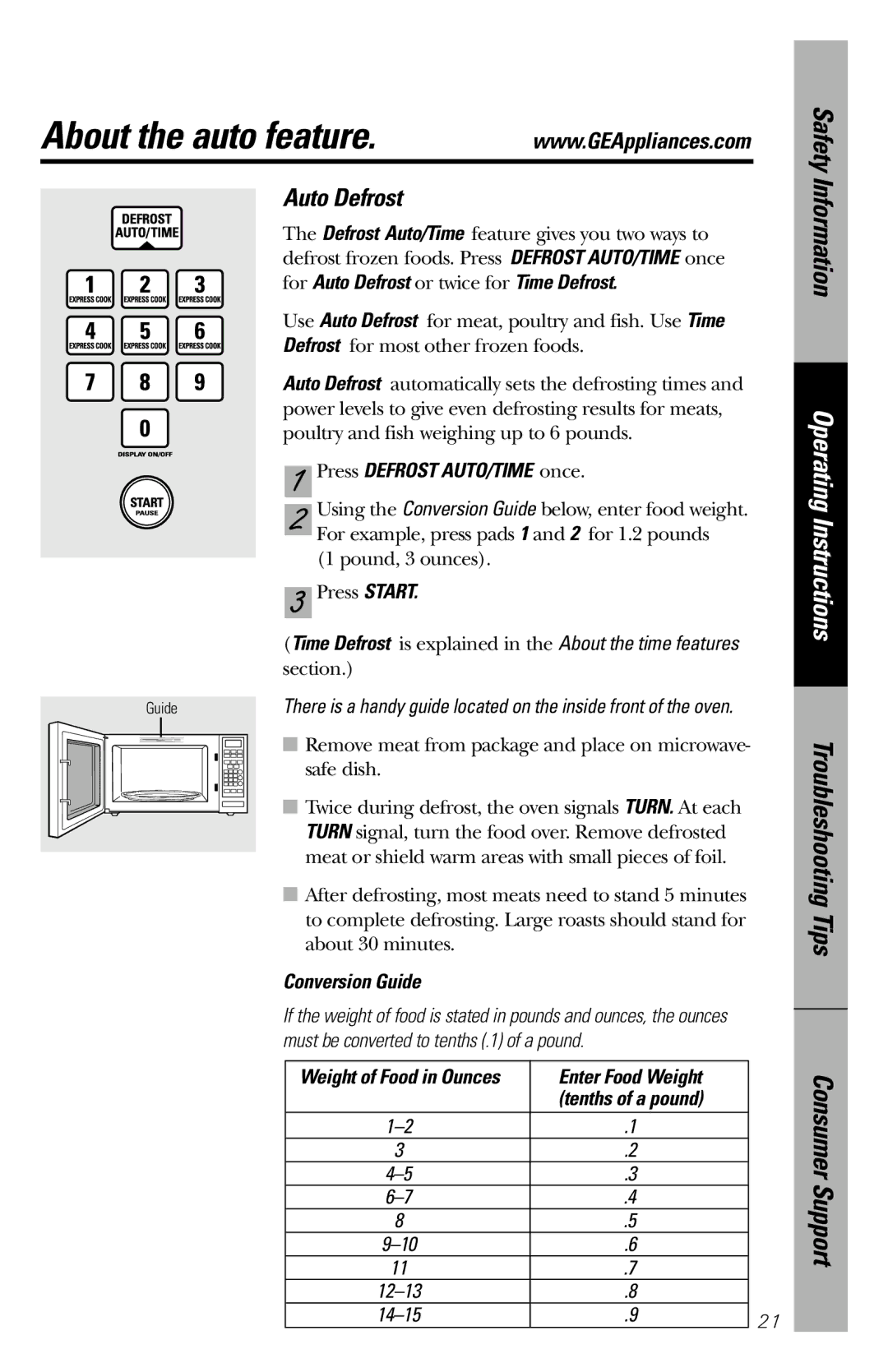 GE JE1660 For Auto Defrost or twice for Time Defrost, Press Defrost AUTO/TIME once, Conversion Guide, Enter Food Weight 