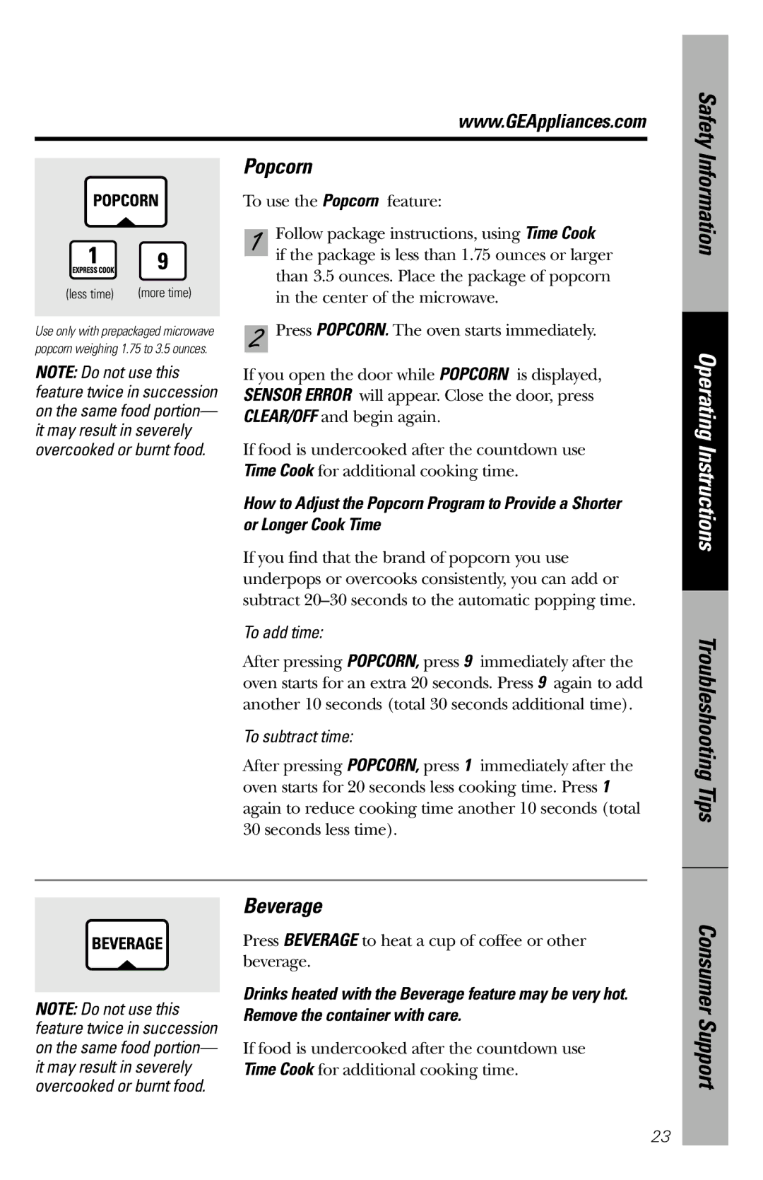 GE JE1660WB owner manual Safety, Popcorn, Beverage 