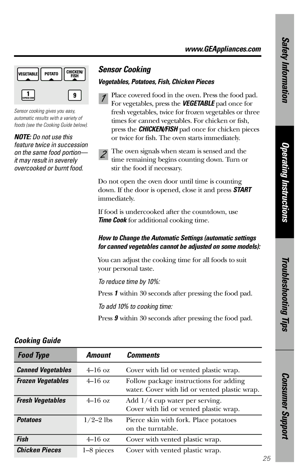 GE JE1660WB owner manual Sensor Cooking, Vegetables, Potatoes, Fish, Chicken Pieces, Fresh Vegetables 