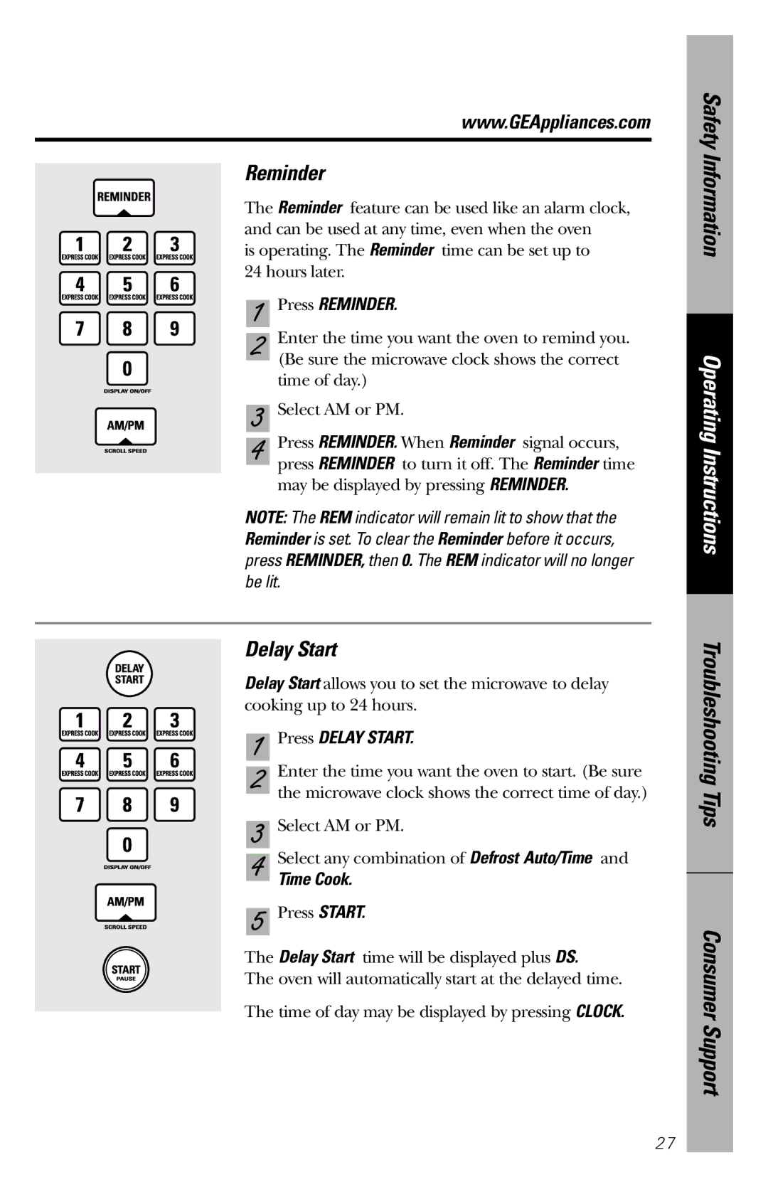 GE JE1660WB owner manual Press Reminder, Press Delay Start 