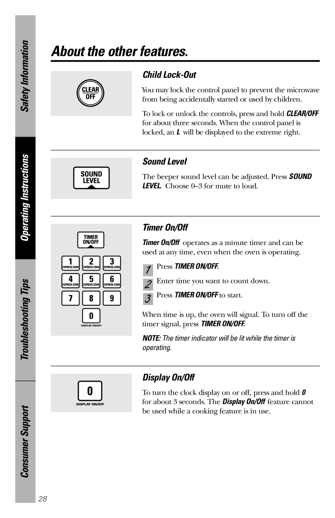 GE JE1660WB owner manual Child Lock-Out, Sound Level, Timer On/Off, Display On/Off, Press Timer ON/OFF 