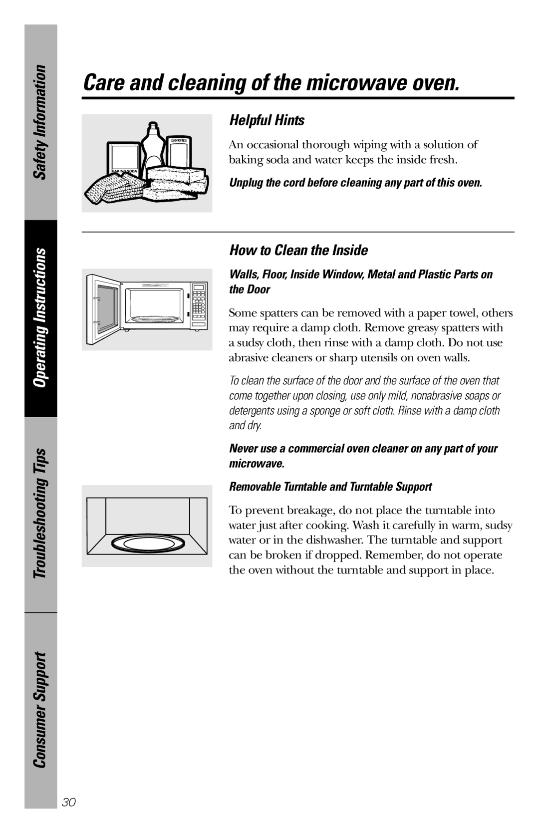 GE JE1660WB owner manual Helpful Hints, How to Clean the Inside, Unplug the cord before cleaning any part of this oven 