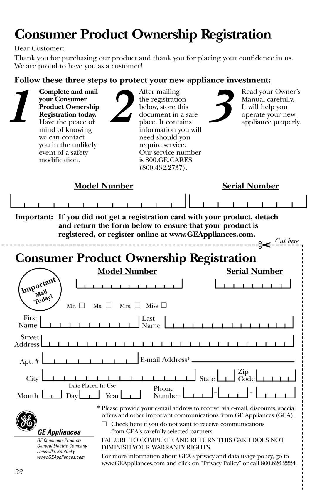 GE JE1660WB owner manual Consumer Product Ownership Registration, GE Appliances 