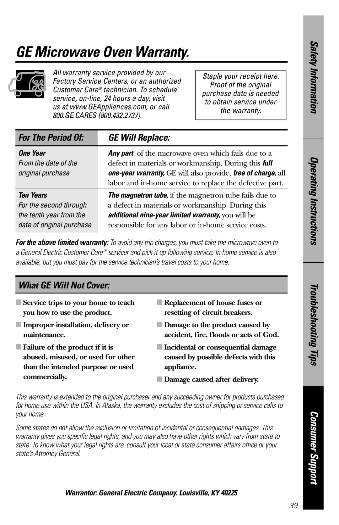 GE JE1660WB owner manual GE Microwave Oven Warranty, GE Will Replace, What GE Will Not Cover 