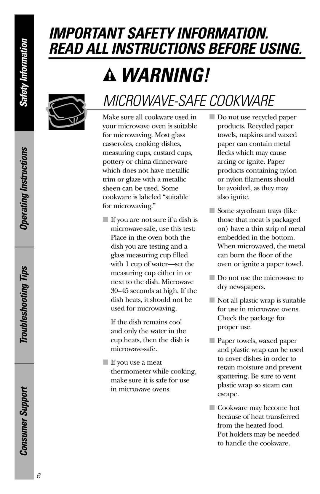 GE JE1660WB owner manual MICROWAVE-SAFE Cookware 