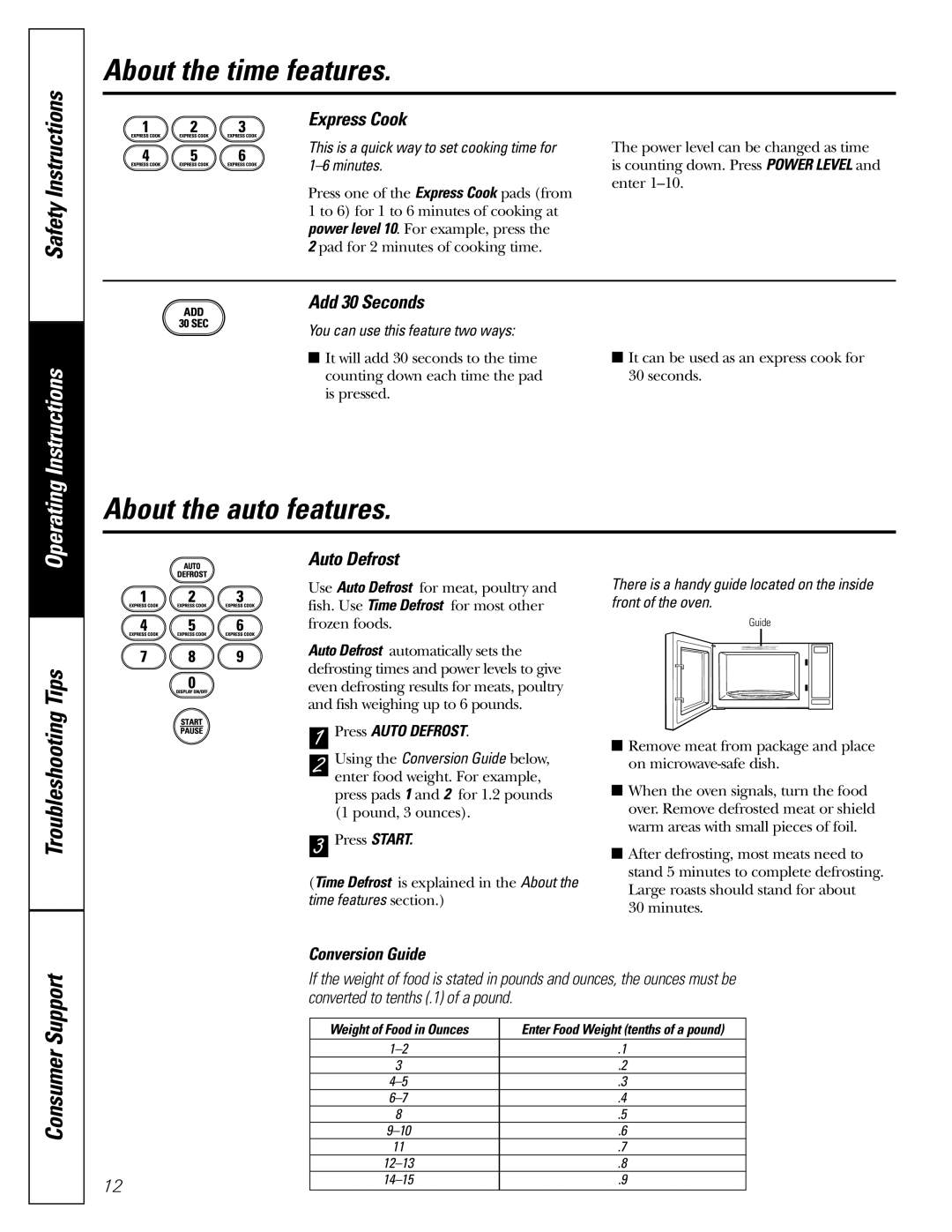 GE JE2160 owner manual About the auto features, Express Cook, Add 30 Seconds, Auto Defrost, Conversion Guide 