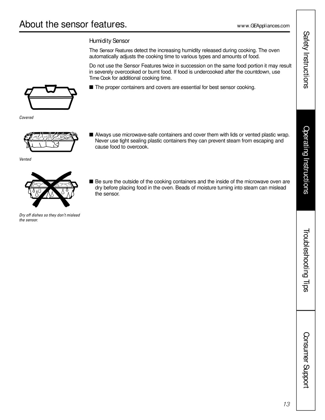 GE JE2160 owner manual About the sensor features, Humidity Sensor 