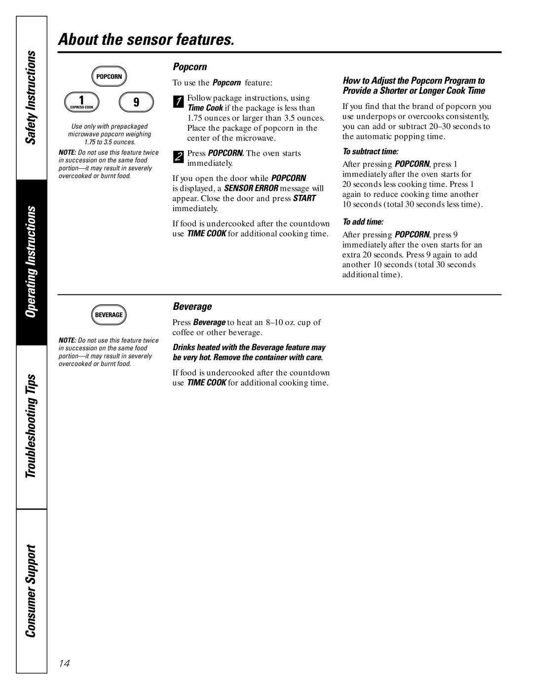 GE JE2160 owner manual Popcorn, Beverage, To subtract time, To add time 