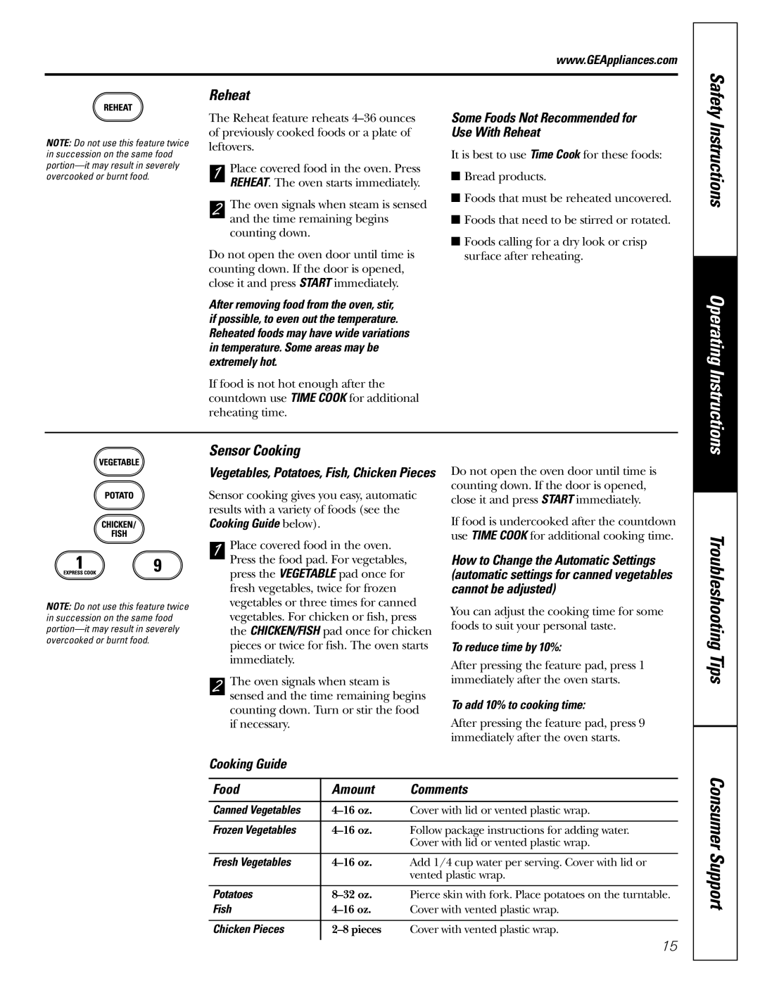 GE JE2160 owner manual Reheat, Sensor Cooking, Cooking Guide Food Amount Comments 