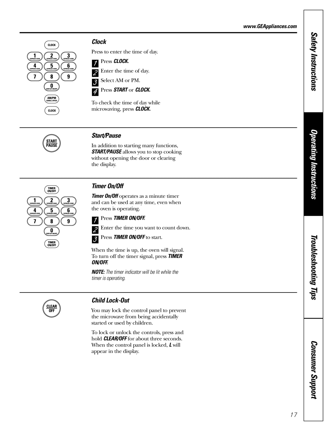 GE JE2160 owner manual Clock, Start/Pause, Timer On/Off, Child Lock-Out 