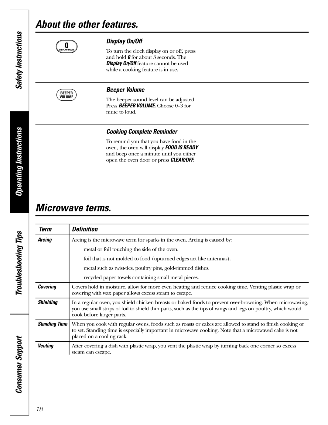 GE JE2160 owner manual Microwave terms, Display On/Off, Beeper Volume, Cooking Complete Reminder, Term Definition 